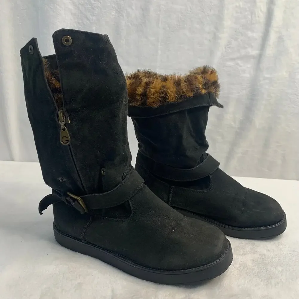 Guess Womens Sz 5.5 Mid Calf Biker Casual Faux Cheetah Fur Lines Boots Zip Up